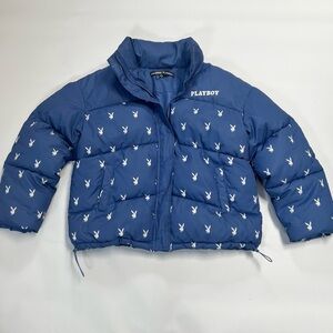 Playboy x Missguided Blue Logo Puffer Jacket Y2K Streetwear Size 8 Cropped Coat